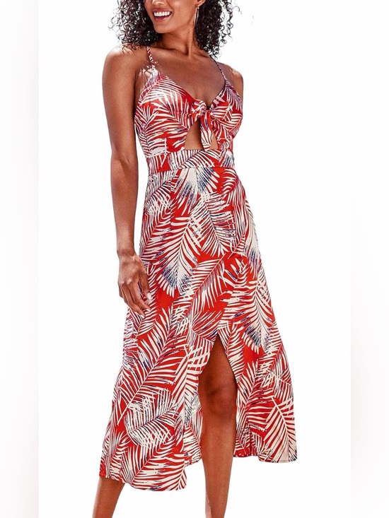Cupshe Dresses & Skirts - CUPSHE Red Palm Leaf Print Knot V Neck Dress size large